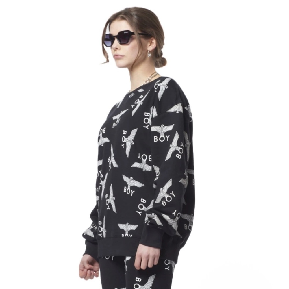 BOY LONDON unisex black long sleeve sweatshirt, white BOY Eagle logo repeat, M.